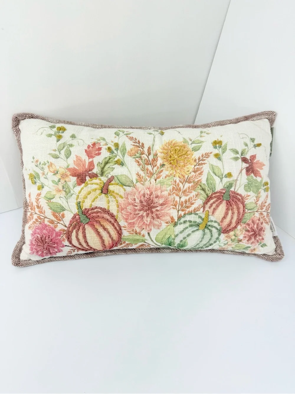 Lillian by Lillian August Cream Green Orange Pumpkin Floral Autumn Accent Pillow